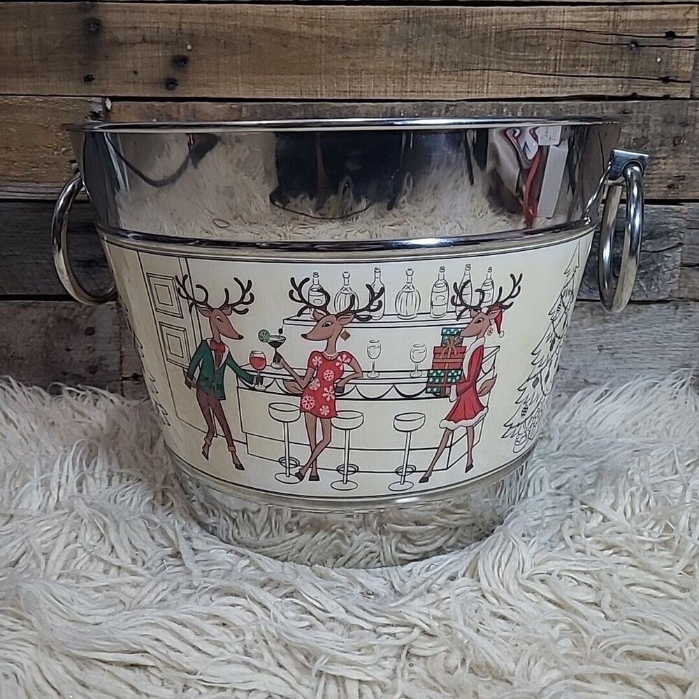 MIKASA BEVERAGE TUB W/ HANDLES - ICE BUCKET - CHRISTMAS REINDEER BAR SCENE